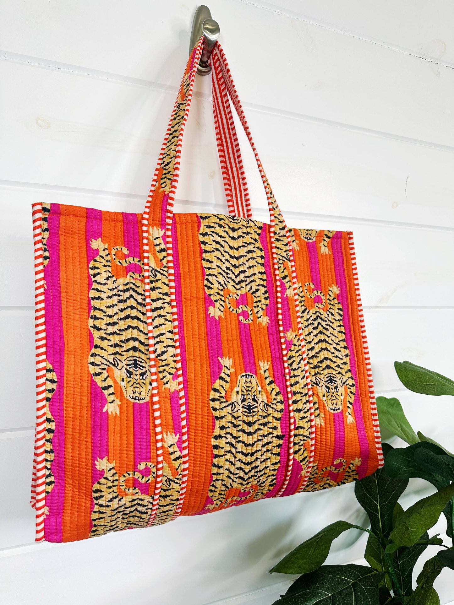 Pink TigerCotton Quilted Block Print Tote
