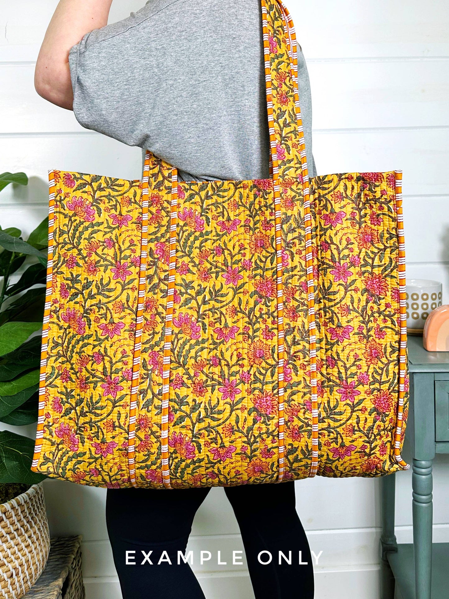 Floral Cotton Quilted Block Print Tote Bag - Orange-Red