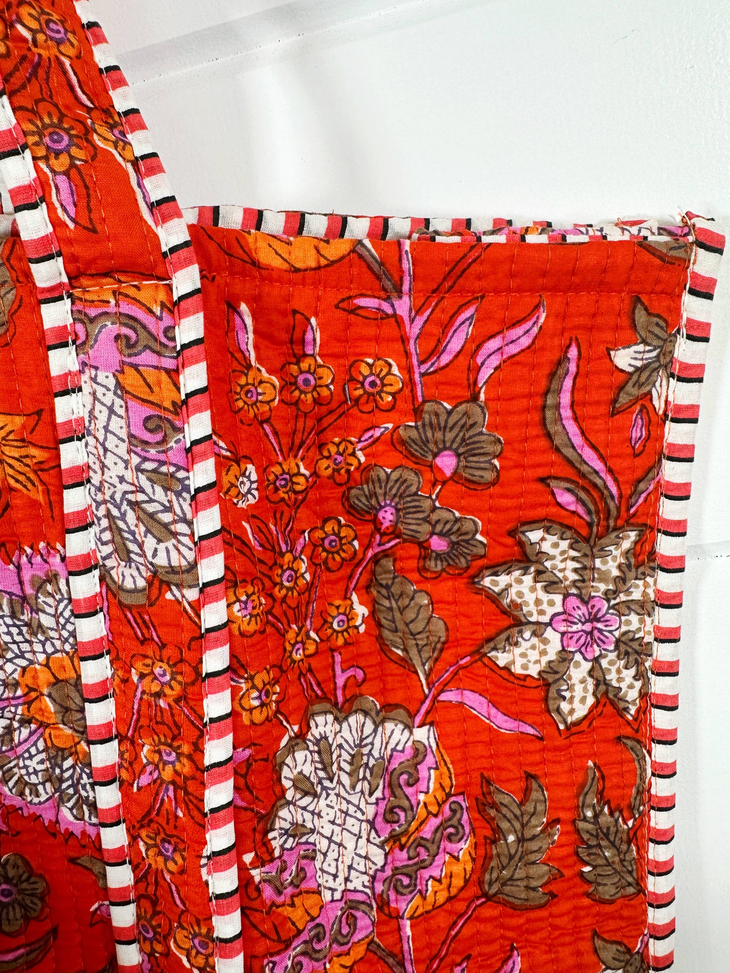 Floral Cotton Quilted Block Print Tote Bag - Orange-Red