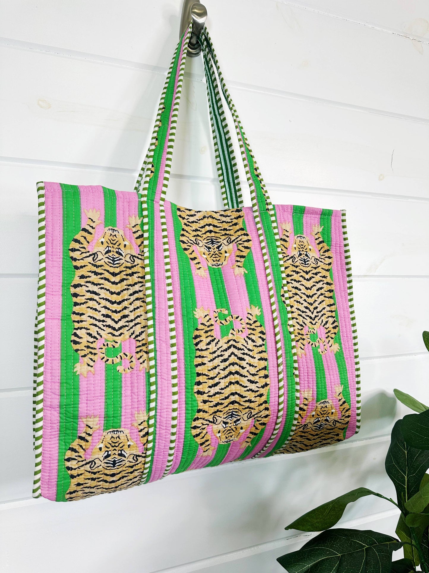 Pink Green Tigers Quilted Block Print Tote