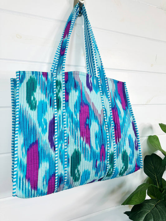 Aqua Cotton Quilted Block Print Tote Bag